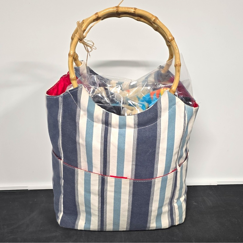 Two's Company Blue White Striped Tote Bamboo Handles Zip Red Lined Strap